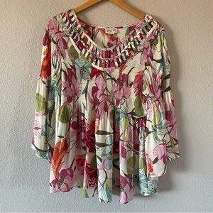 Vintage Allison Taylor Floral Lattice Bell Sleeve Crinkle Top Women's Size Large